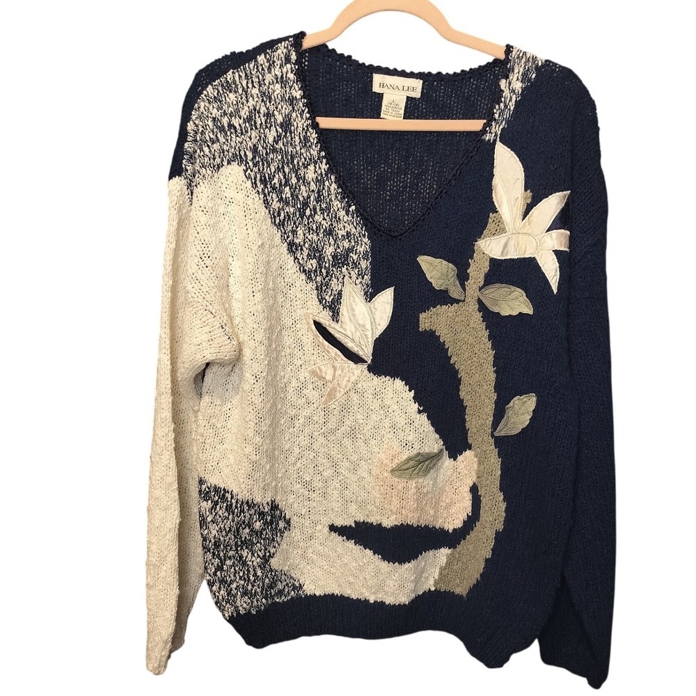 HANA LEE Vintage 80's Womens L Applique Floral Knit V Neck Cottage Core Sweater